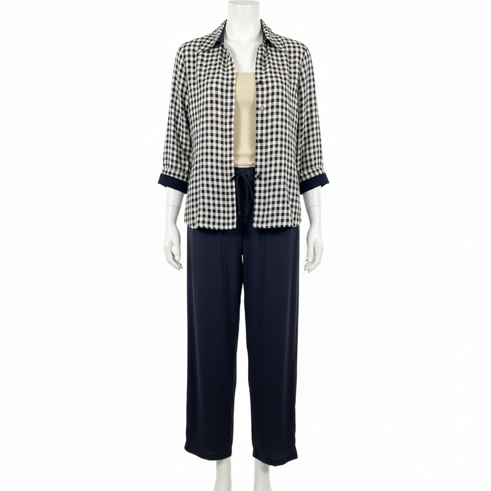 Dressbarn Perceptions 3 Piece Pant Set Size 8 Gingham Jacket Shell Navy Trousers